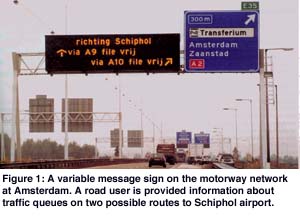 A variable message sign on the motorway network at Amsterdam. A road user is provided information about traffic queues on two possible routes to Schiphol airport.
